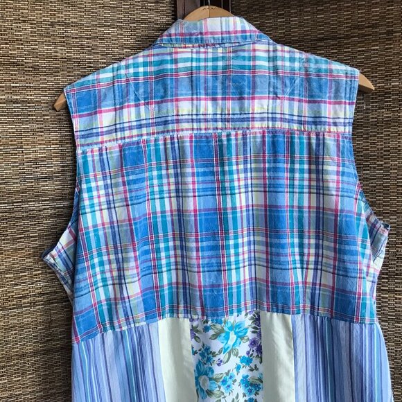 Patchwork Duster, Size L-XL: Upcycled Boho Sleeveless Floral Button-Down Dress - Picture 11 of 13